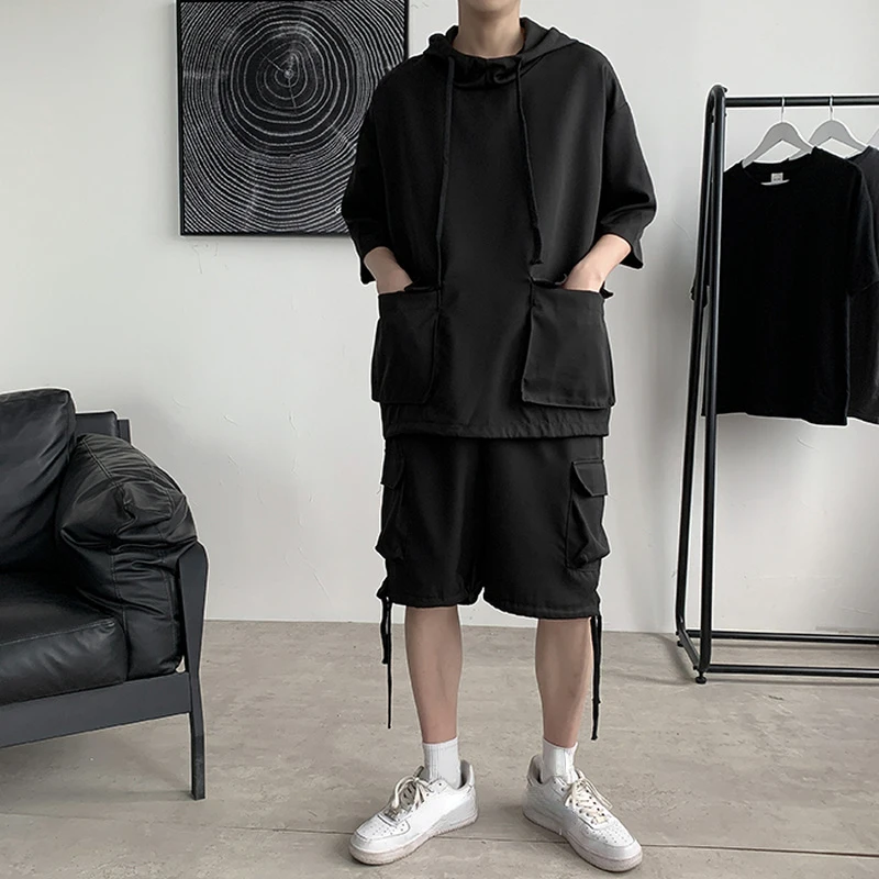 Sets Men Two Pieces Outfits Gothic Black Fashion Cargo Short Sleeve Hoodies Shorts Tactical Workout Handsome Male Bodybuilding