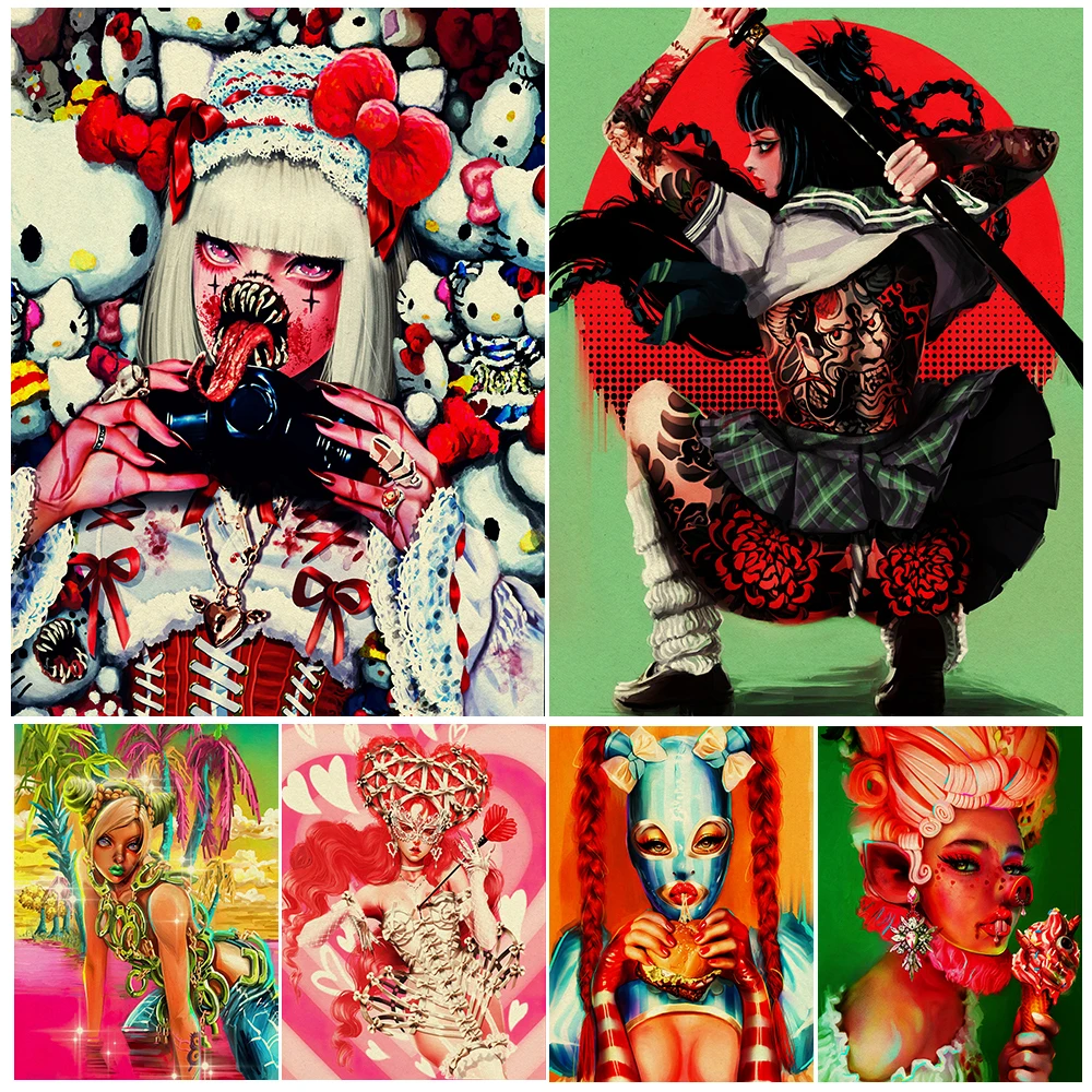 

Lovely And Scary Pink Girl Vintage Wall Art Canvas Painting Red Peach Girl,Zombie Laurie,Gothic Moon Girl Art Poster Print Decor