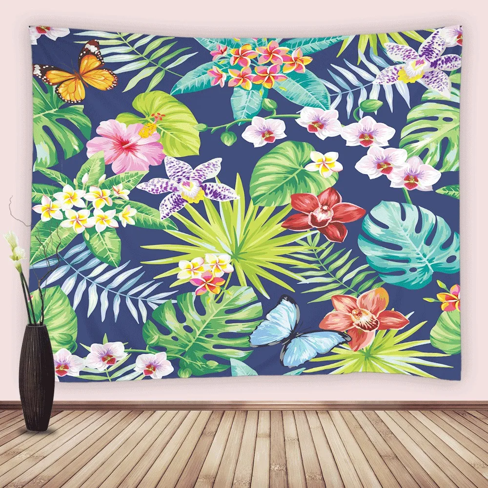 

Green Leaves Tapestry Tropical Plant Floral Butterfly Wall Hanging Bedroom Decor Tapestries Tablecloth Bedspread Tenture Carpet