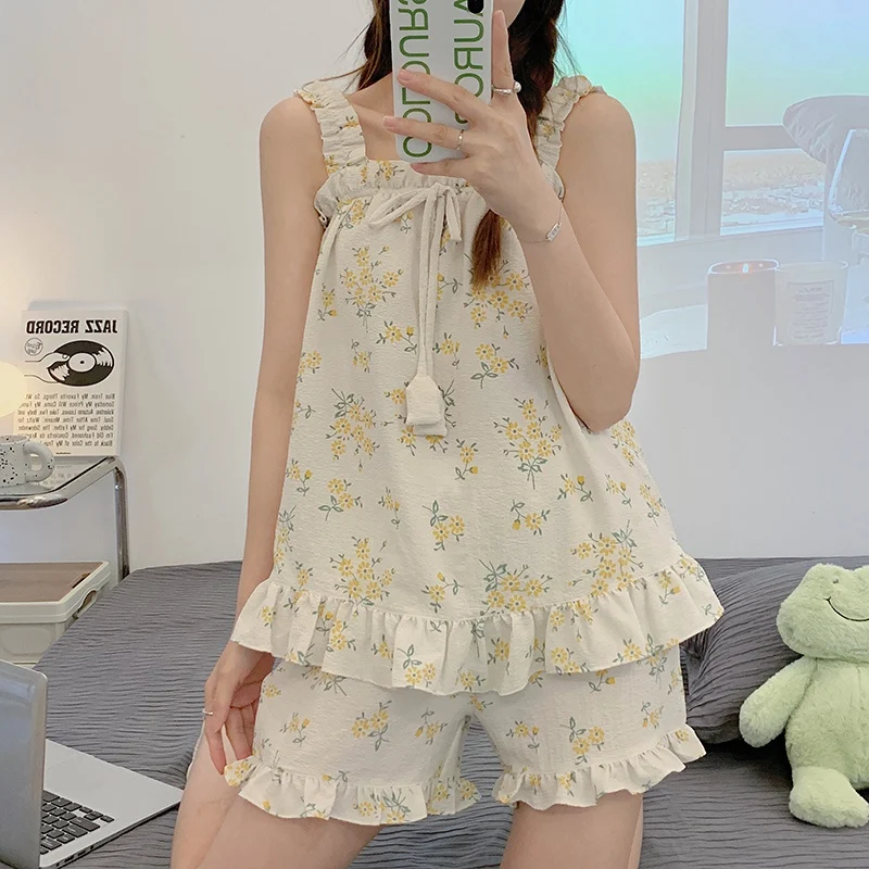 

2022 Summer Cotton Print Sexy Spaghetti Strap Shorts Pajama Sets for Women Cute Bow Sleepwear Homewear Pijama Mujer Home Clothes