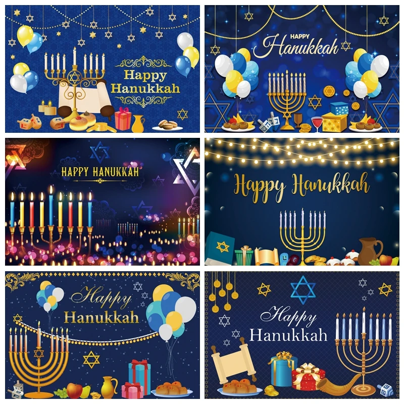 

Glitter Happy Hanukkah Chanukah Backdrop Photocall Jewish Jerusalem Menorah Food Party Decor Photography Background Photo Studio