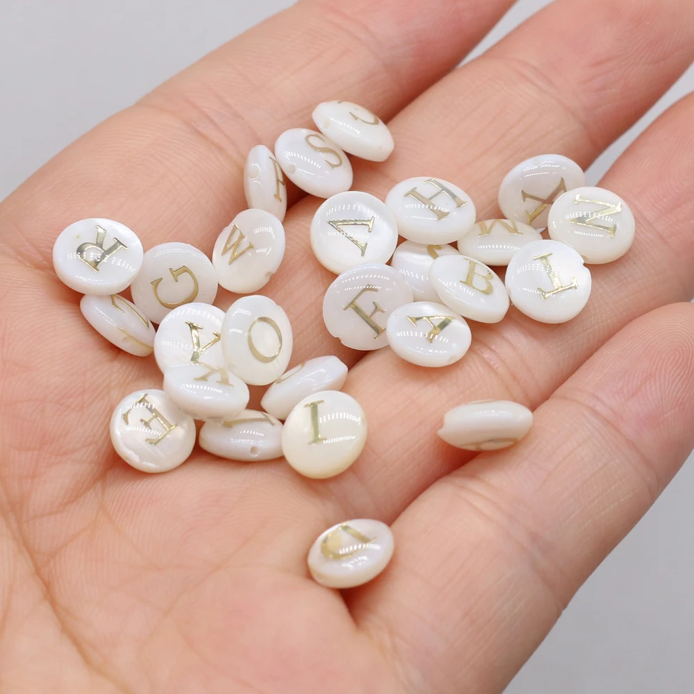 50 PCS Natural Shell Round Name Letter Holes Beads 8x8mm for DIY Jewelry Making Necklace Bracelet Gift Accessories Gift