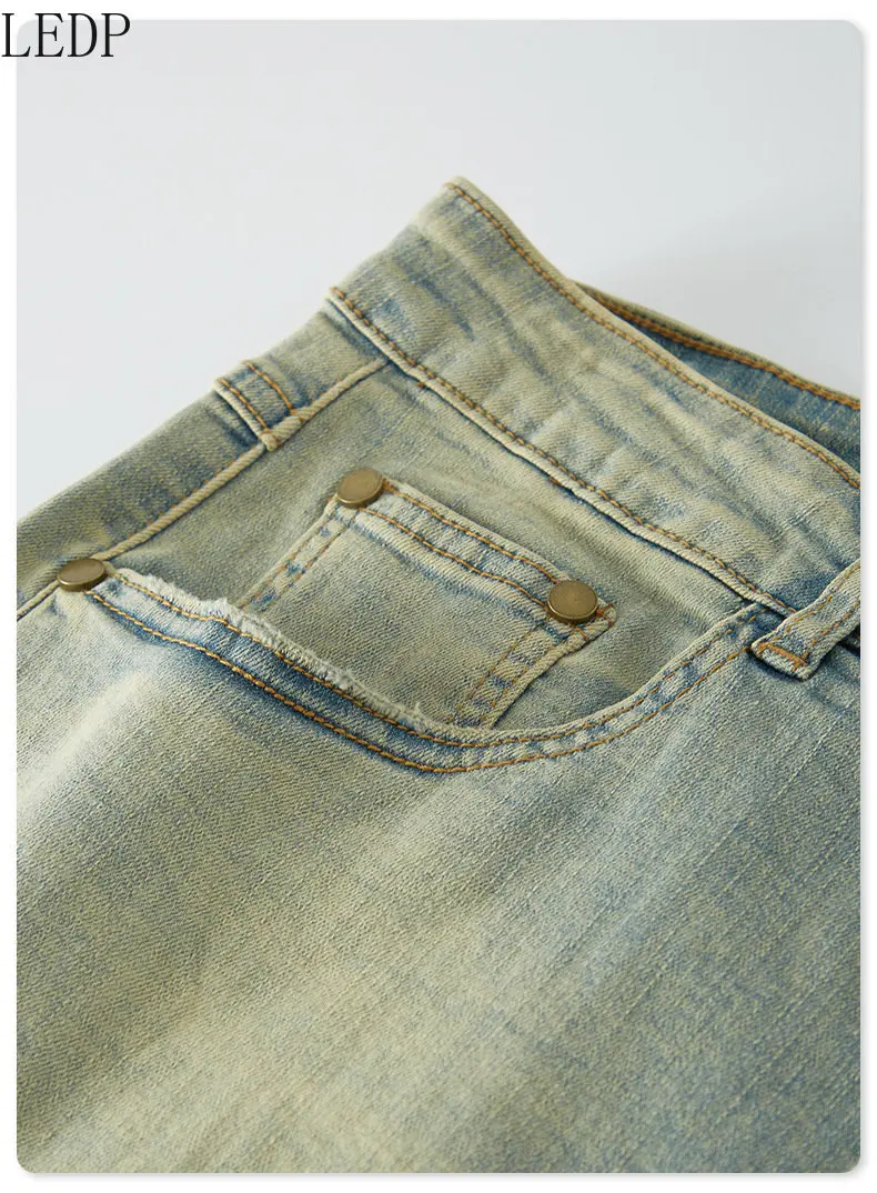 Autumn and Winter Yellow Mud Color Split Jeans Fashion Brand High Elastic Distressed Skinny Pants Men's American High Street