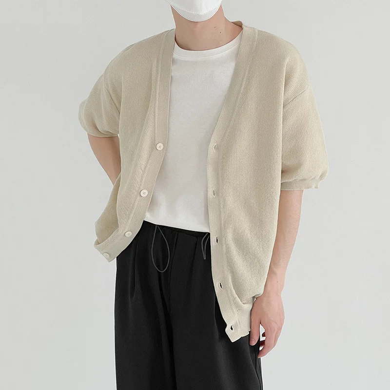 

Cardigan Sleeve Short Coat Men's Summer Thin Sweater Slim Simple V-neck Solid Color Trend Korean Male Clothign 2Y8695