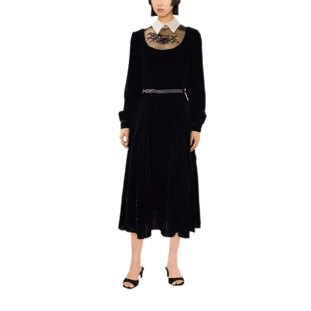 

GGHK Velvet Fabric Women's Dresses Fashion Vintage Lapel Long Sleeve Maxi Dresses French Elegant Party Evening Gowns A01450