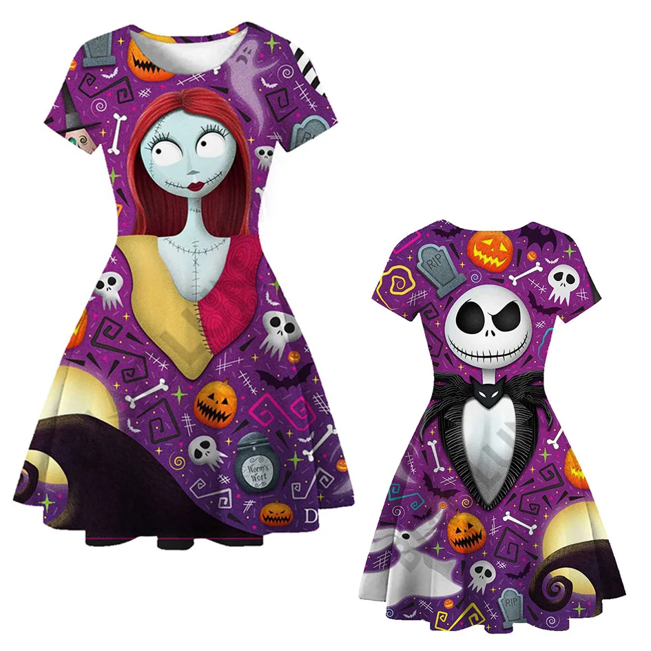 Disney New Halloween Girls' Party Pumpkin King Jack and Sally 3D Print Dress Children's The Nightmare Before Christmas Dresses