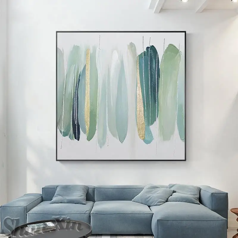 

Hand-painted Nordic Oil Painting Green Golden Foil On Canvas Color Block For Living Room Wall Art Decor Hanging Mural Frameless