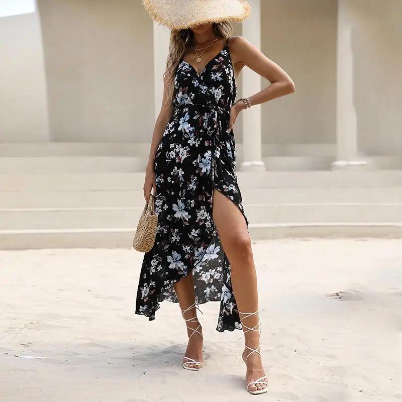 

Suspender dress: new autumn print color matching V-neck suspender dress: irregular slit women's dress designer: fashion personal