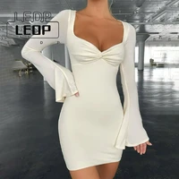 fashion womens spring 2022 new solid color dress square neck trumpet sleeve slim sexy hip dress street style womens clothing