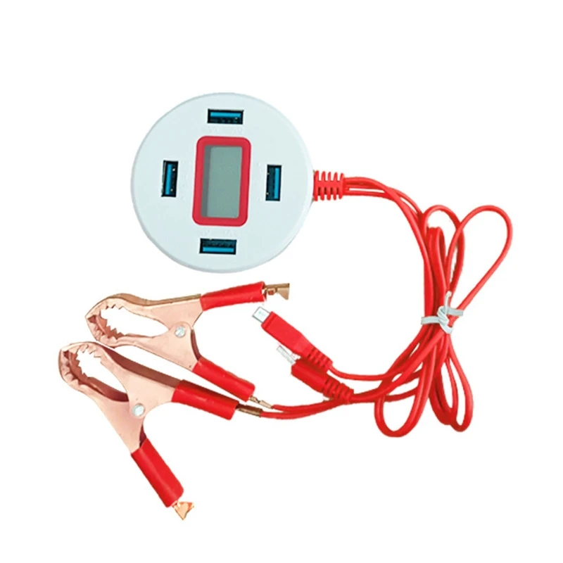 

DC Power Adapter with Battery Clip 12V Vehicle USB Charger for Cellphone 4 Ports Automatically Identify Shunt Charging