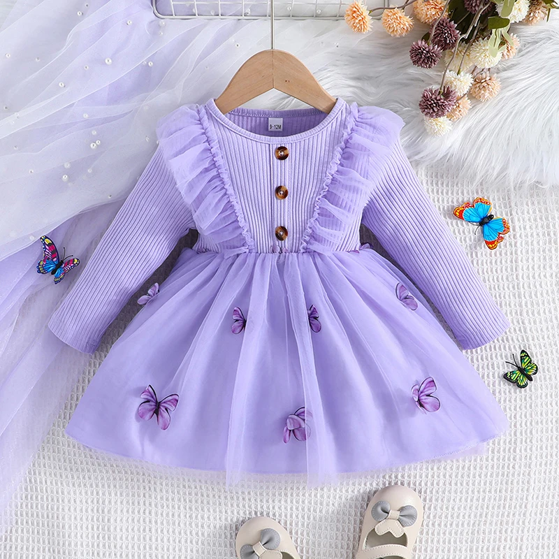 

Listenwind 9M-4Y Kids Girls Casual Dress Long Sleeve Crew Neck Butterfly Tulle Patchwork Fall Dress