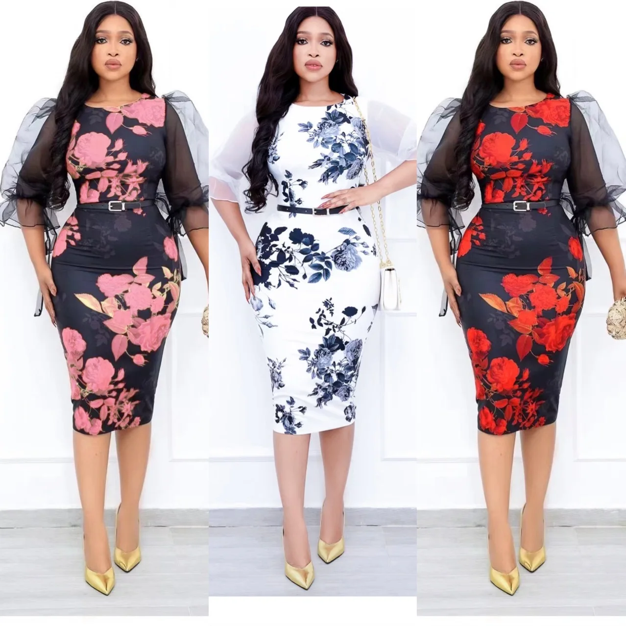 

Summer Fashion African Dresses for Women African Women O-neck Printing Polyester Half Sleeve Knee-length Dress African Clothes