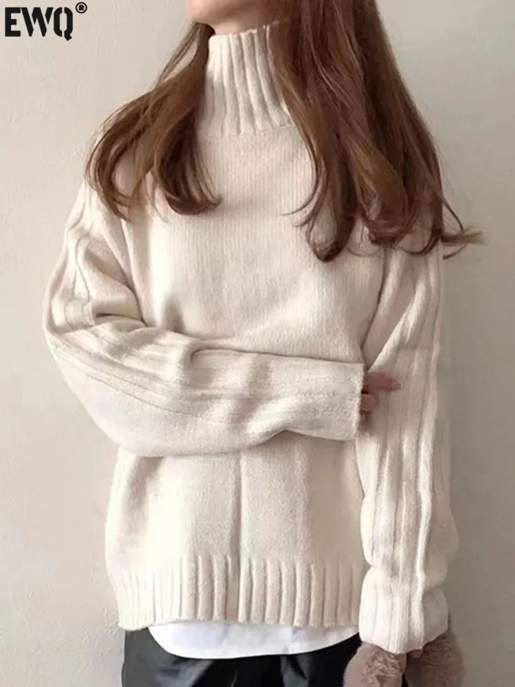 

[EWQ] High Neck Casual Black Multi Color Long Sleeved Knitted Pullover Sweater Ladies Top Temperament 2023 Autumn Winter 16U5776