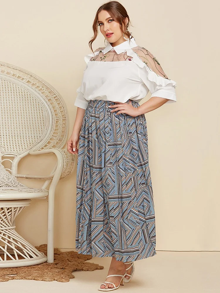 Summer plus-size new temperament lapels sheer embroidered panels wood ear mid-sleeve shirt blusas plus size mujer