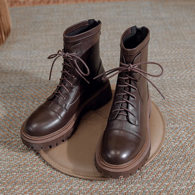 Round Head Square Heel Women Casual Boots 2022 Autumn New Fashion Platfrom Lace-up Back Zipper Women Chelsea Motorcycle Boots