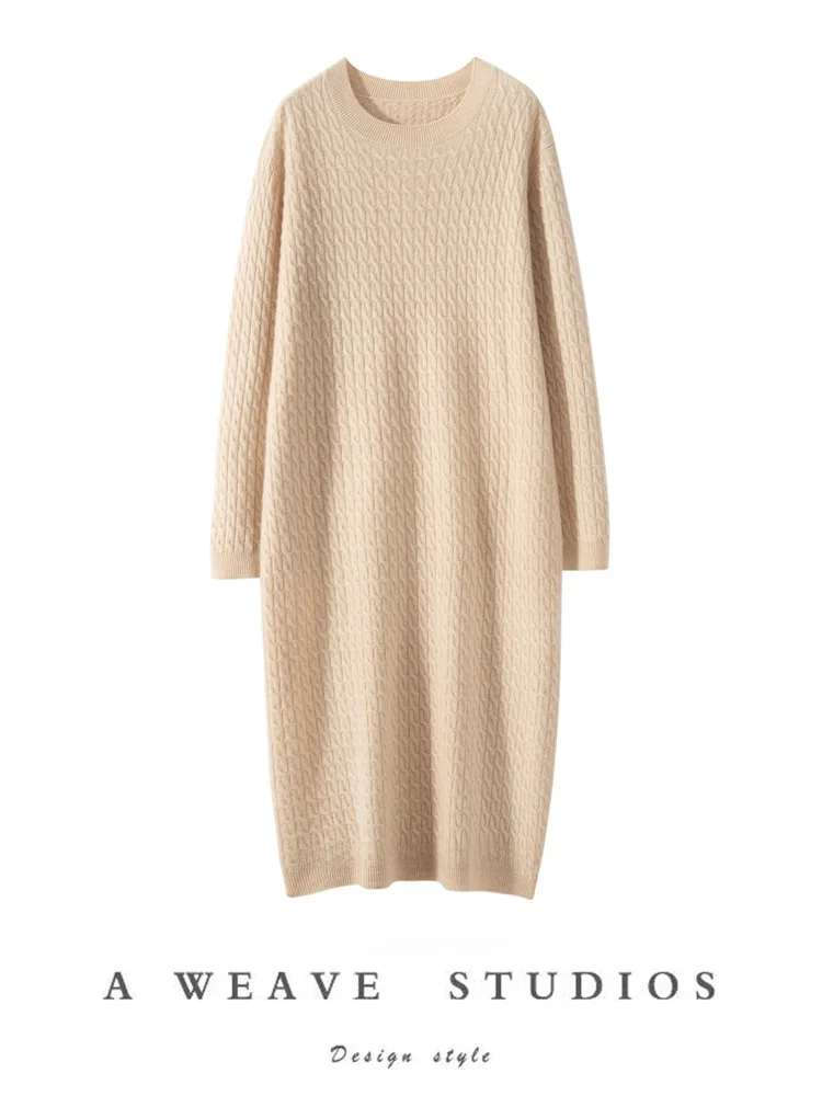 Осень-зима 2023 женское 00% чистое кашемировое платье с круглым вырезом витое