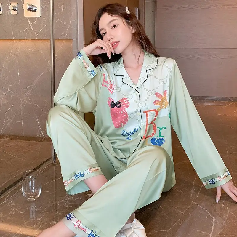 New Autumn Pajamas Women's Trend Cartoon Printed Long Sleeve Trousers Suit Ice Silk Casual Cardigan Homewear