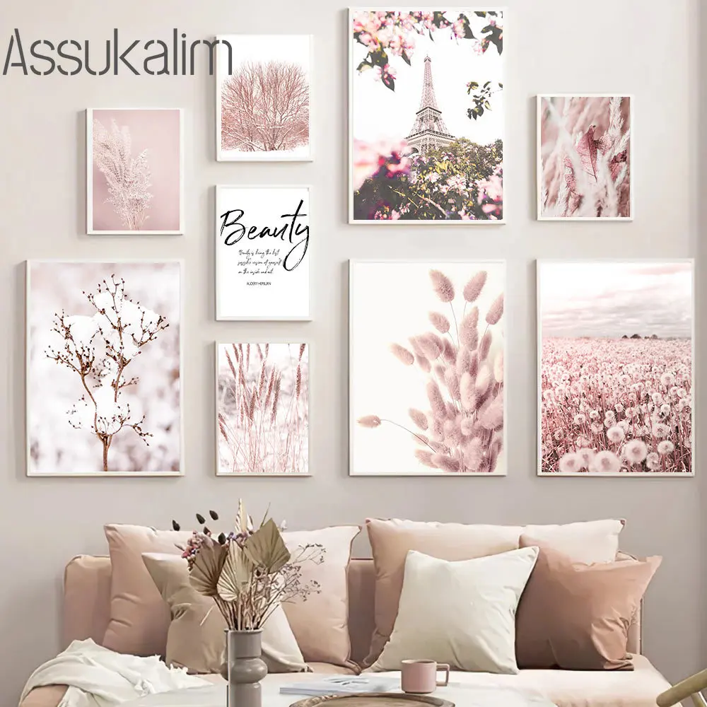 Настенные постеры с рисунком розового кролика хвоста травы романтические