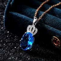 new trendy sea blue crystal crown pendant necklaces for women shine cz stone inlay chains fashion jewelry daily wear party gift