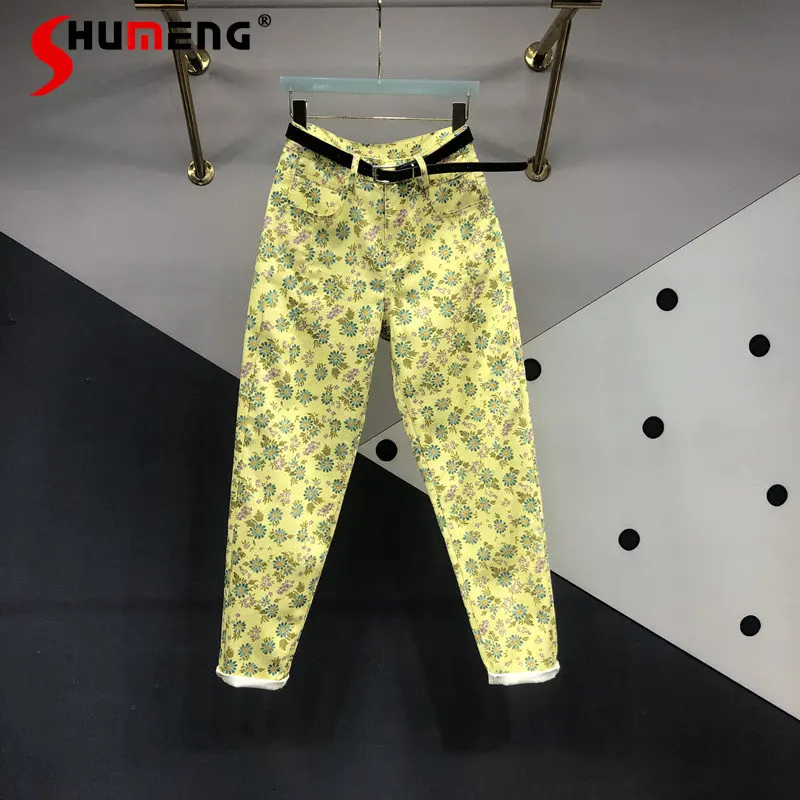 

Floral Printing Dyeing Jeans for Women 2023 Spring and Summer New Versatile High Waist Carrot Trousers Curling Harem Pants