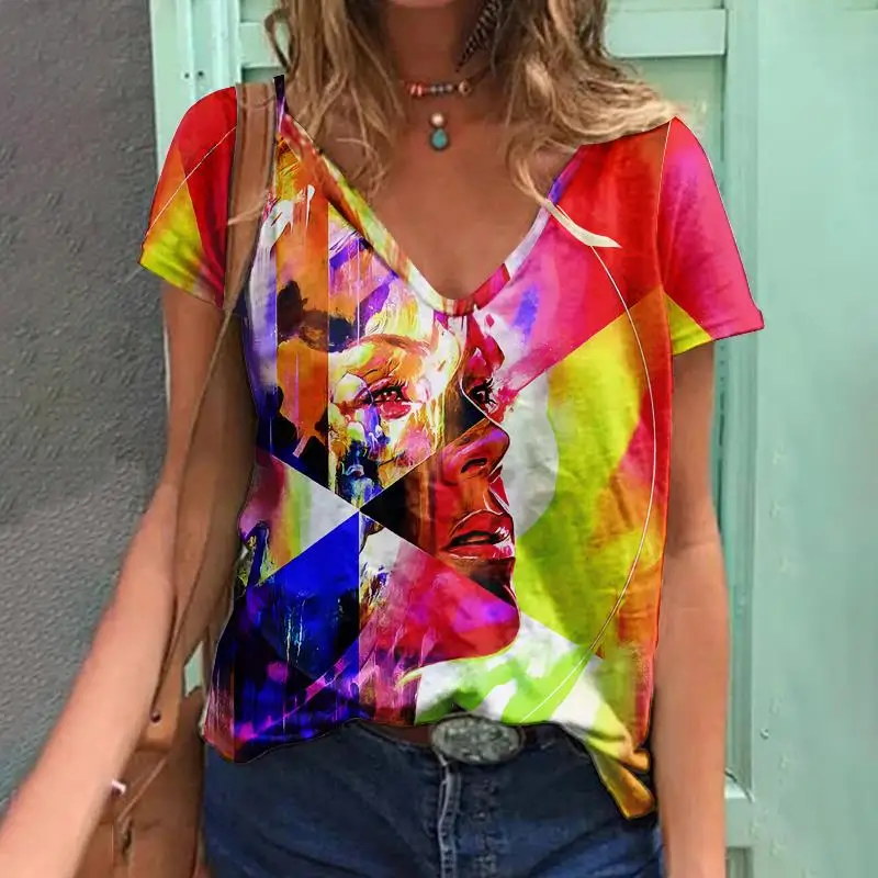 

new Leisure V-neck figure portrait digital printing women's T-shirt summer short sleeved fashionable loose fitting women's top