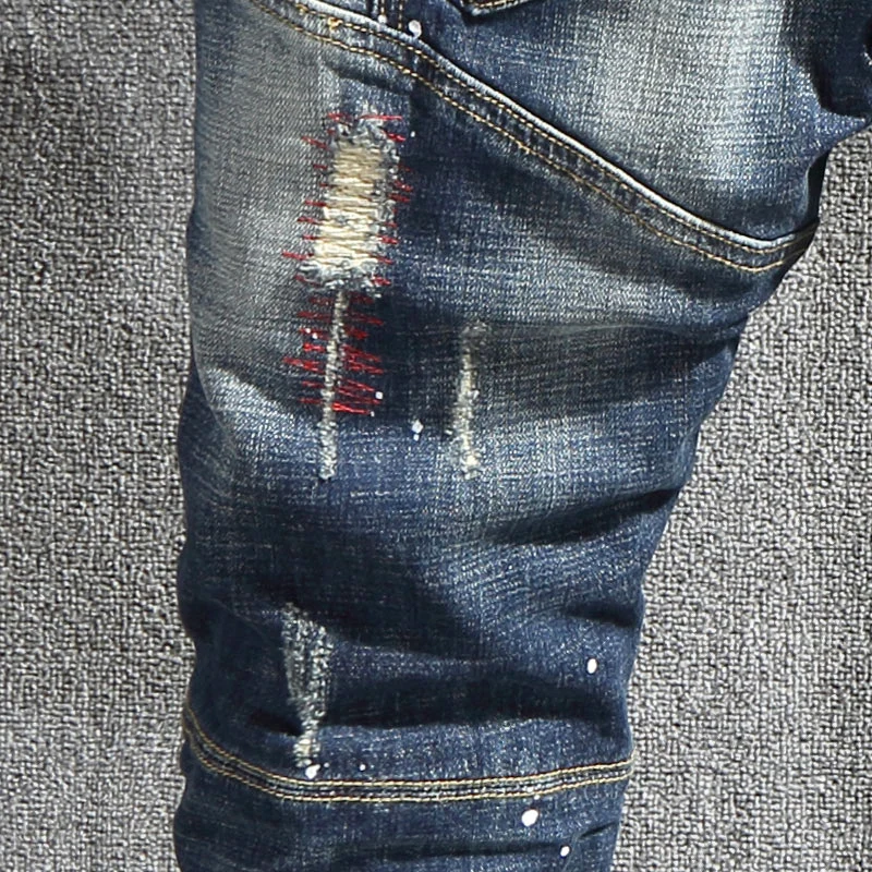 Street Fashion Designer Ripped Jeans Men Retro Blue Biker Jeans Homme Hip Hop Slim Denim Pants Men Stretch Patch Hole Trousers