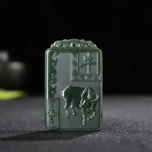 

Pure natural Xinjiang Hetian jade pendant twelve zodiac ox patron saint Void Tibetan pendant double-sided carving a fine product