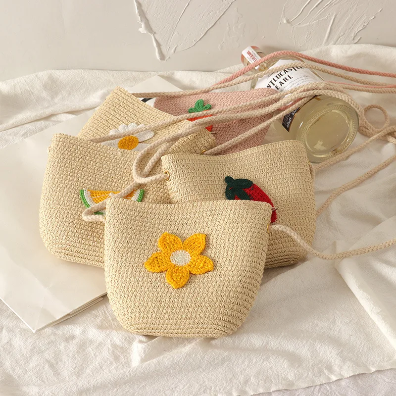 

Mini Baby Straw Bag Cute Fruit Daisy Zipper Coin Purse Handmade Shoulder Bags Korean Kids Items Outdoor Travel Children's Bags