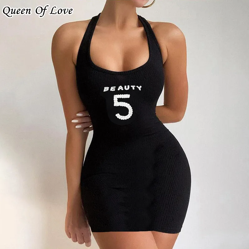 Сексуальное облегающее мини-платье с лямкой на шее и 5 буквами лето 2022 модные