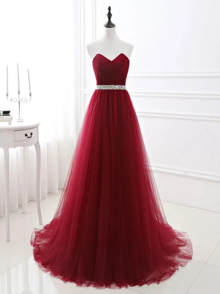 

Elegant Wine Red Sweetheart Sleeveless Neckline Sequin Beaded Formal Wedding Guest Evening Prom Dresses Summer 2023