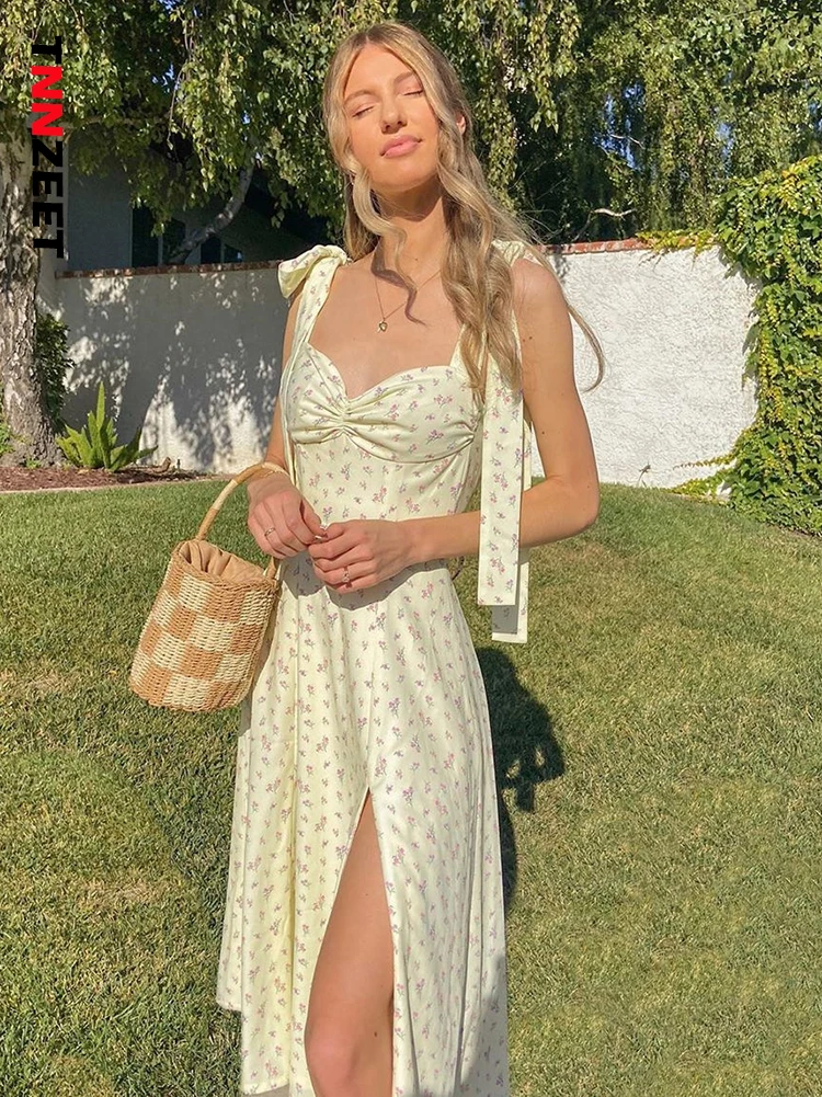 

TNNZEET Floral Print Cottagecore Sleeveless Strap Midi Dresses Party Club Sexy Backless Elegant Split Dress Women Vestidos