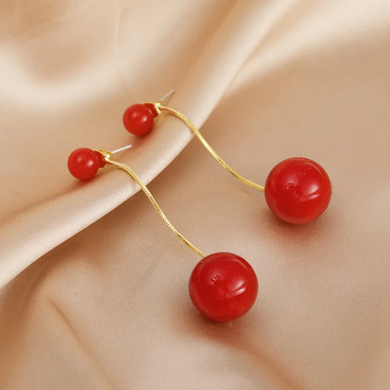 

BY95 S925 silver needle Korean red pearl long pendant simple and versatile net red temperament earrings women