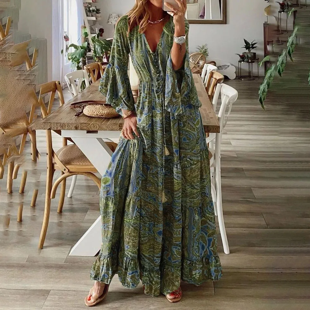

Женское длинное платье с юбкой годе, элегантное винтажное пляжное платье макси в богемном стиле с рукавами-фонариками и цветочным принтом для отдыха, весна-лето 2023