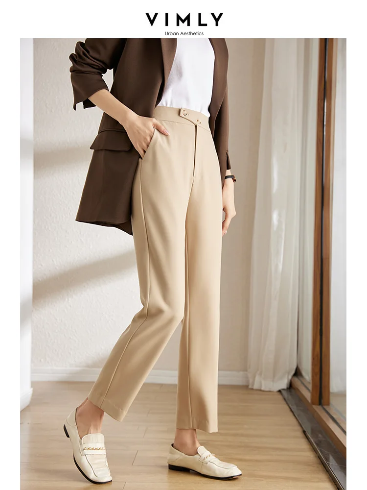 Vimly Business Office Khaki Straight Leg Suit Pants for Women Spring 2023 Basics Casual Solid Back Elastic Waist Trousers V7999