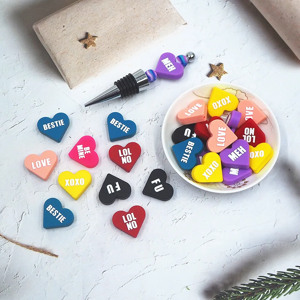 

Chenkai 50PCS Candy Heart Valentine's Focal Beads For Pen Beadable Pen Silicone Charms Character Beads For Pen Making Pacifiers