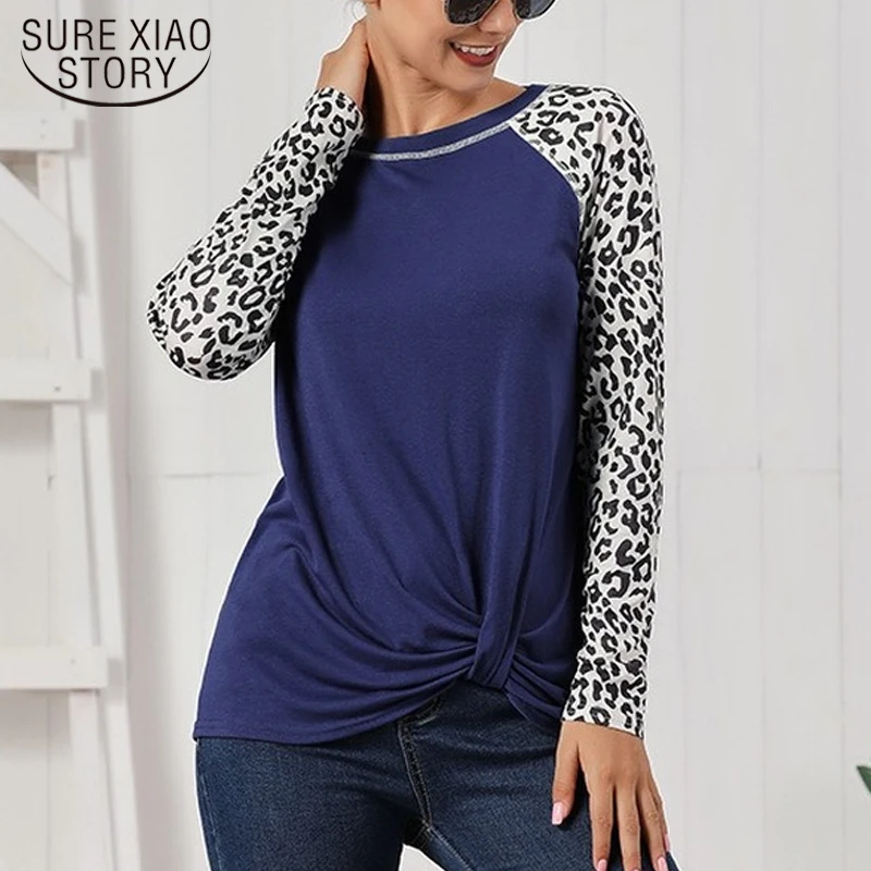 

2023 Leopard Print Long Sleeve Cotton T-shirt Hem Kinked Top European and American Spring Autumn Women's Wear 19130
