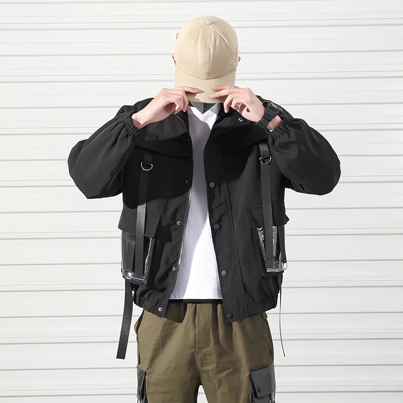 

Мужская куртка в стиле милитари, Повседневная ветровка с лентами и карманами, мужской комбинезон-бомбер, куртка в стиле хип-хоп, уличная оде...