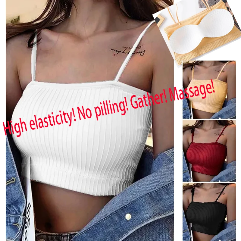 

Fashion Women's Sleeveless Striped Bra Padded Tank Tops Spaghetti Strap Bralette Crop Top Tube Bras