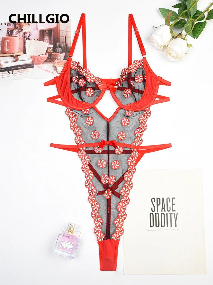 

CHILLGIO Women Embroidery Candy Mesh Bodysuit Lingerie Fashion Erotic Backless Catsuits Transparent Sexy Push Up Strappy Rompers