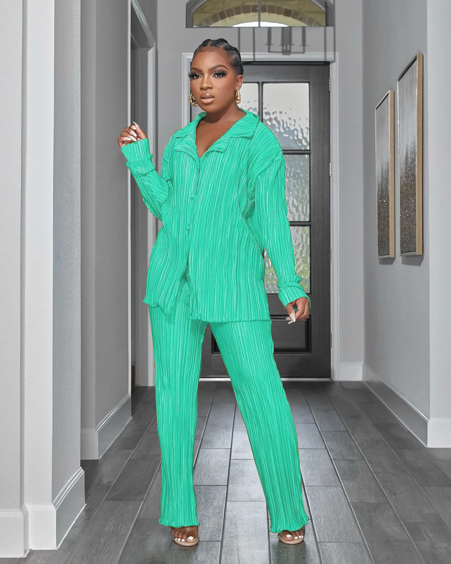 

Women's Shirt Pleated Two Piece Sets High Waist Wide Leg Pants Suit Casual Elegant Female Long Sleeve Top Outfit Matching Set