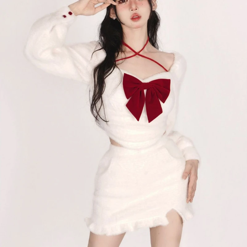 

Осенне-зимние милые комплекты из двух предметов, Женский привлекательный плюшевый короткий пуловер с бантом и мини-юбка с высокой талией, корейский модный костюм в стиле "Лолита"