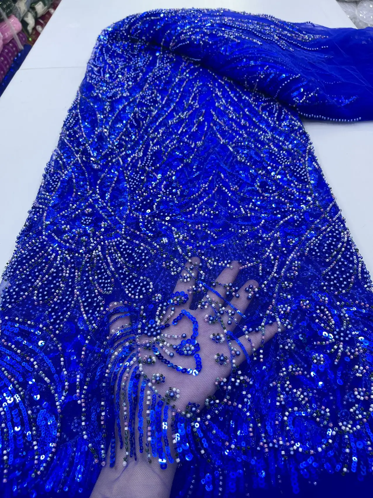 Luxury African bluie 3D Sequin Beaded Groom Lace Fabric High Quality French tulle fabric Embroidered Nigerian lace