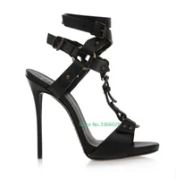 Rivet Stiletto High-Heeled Sandals Open Toe T Strap Black White Fashion Ankle Buckle Street Style Women's Summer Rome Shoes