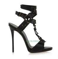 rivet stiletto high heeled sandals open toe t strap black white fashion ankle buckle street style womens summer rome shoes