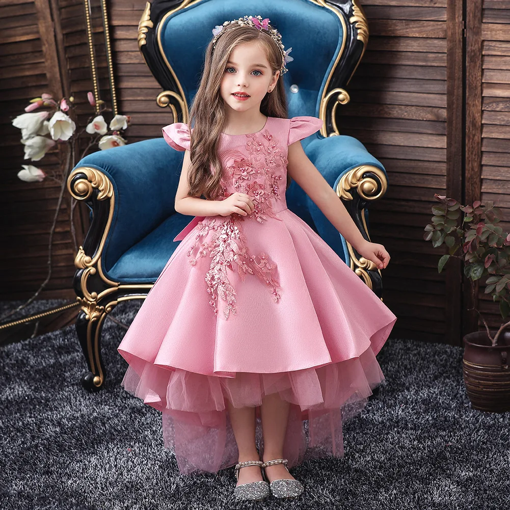 

Pink Girls Dresses For Wedding Elegant Kid's Girls Solid Evening Dress Sleeveless Multi Layers Lace Flowers Knee Length Dress