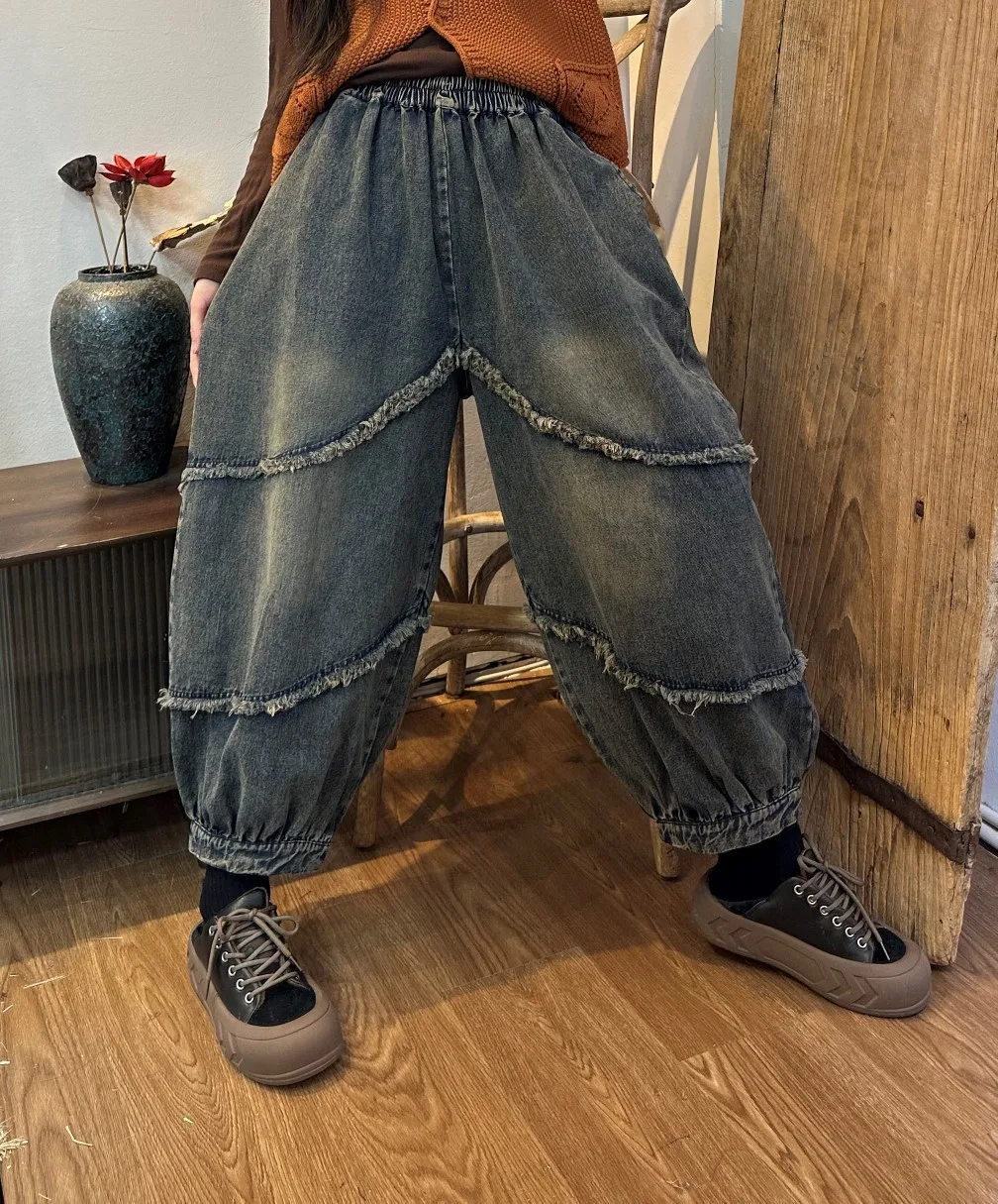 Frayed Paneled Mens Jeans Spring 2023 New Vintage Distressed Washed Bloomers for Men