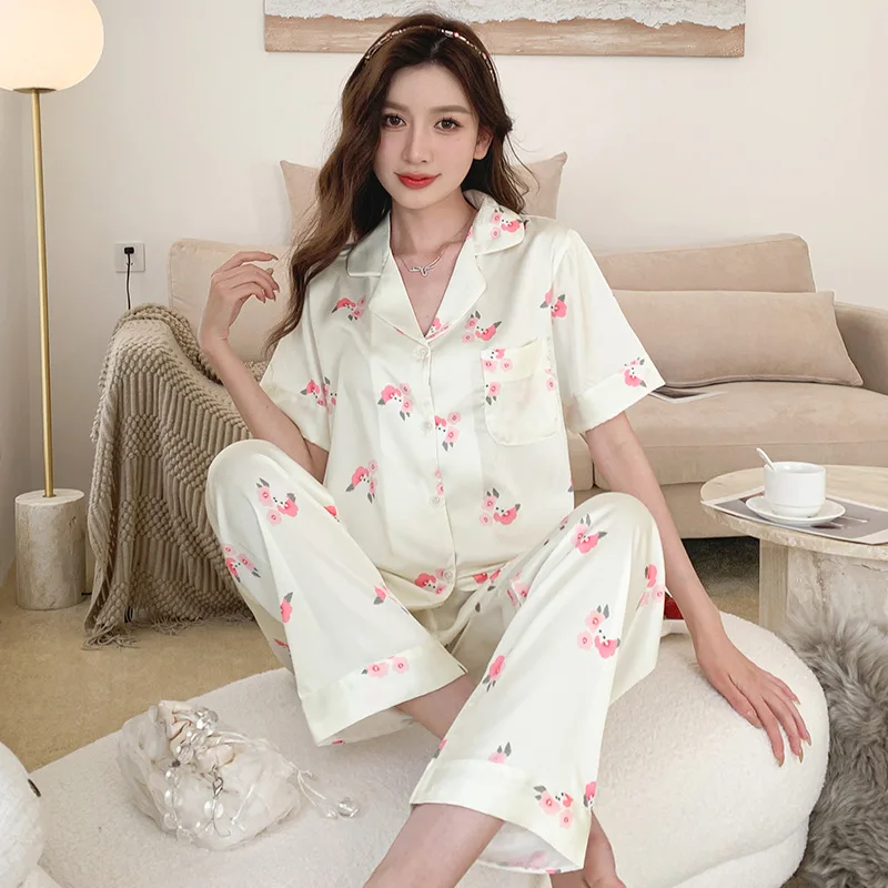 

Summer Ice Silk Pajamas for Women's Advanced Sense Short-sleeved Sleepwear Suit Thin Cool Feeling Elegant Style Lapel Loungewear