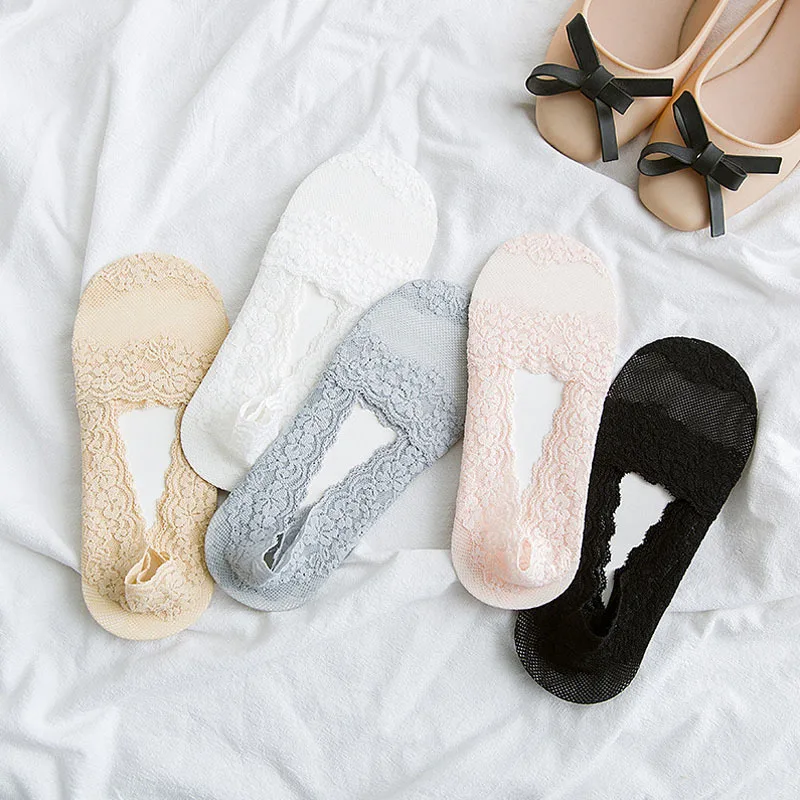 

Женские кружевные носки 1 пара, летние тонкие хлопковые силиконовые невидимые Нескользящие Дышащие Удобные однотонные носки