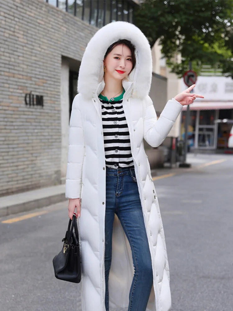 New Women Wash Free Glossy Surface Down Coat Winter Fashion Warm Real Fox Fur Collar Long Thicken Slim Down Jacket Ankle-Length