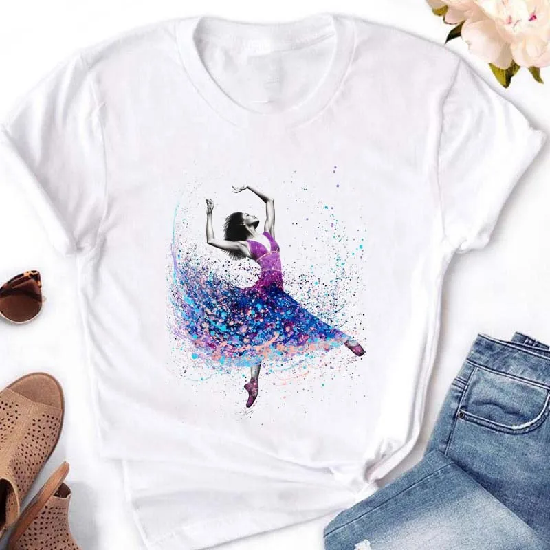 

Europe and the United States popular ink painting Ballerina printed short sleeve T-shirt blouse fashionable girl T-shirt